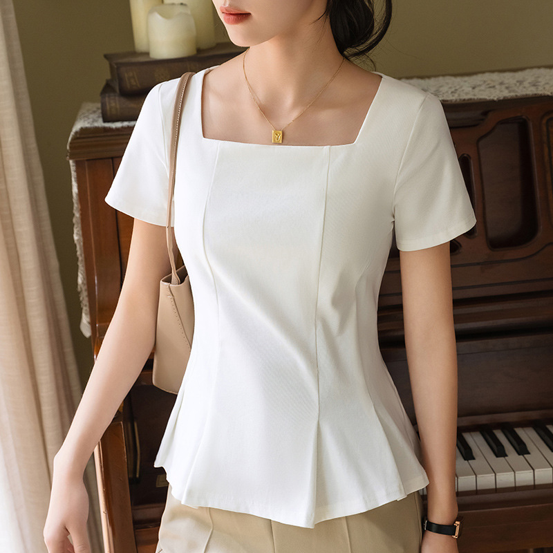 Camiseta de manga corta para mujer verano 2023 nuevo cuello cuadrado retro de las mujeres Camiseta de algodón de color sólido francés paraguas cintura-top apretado