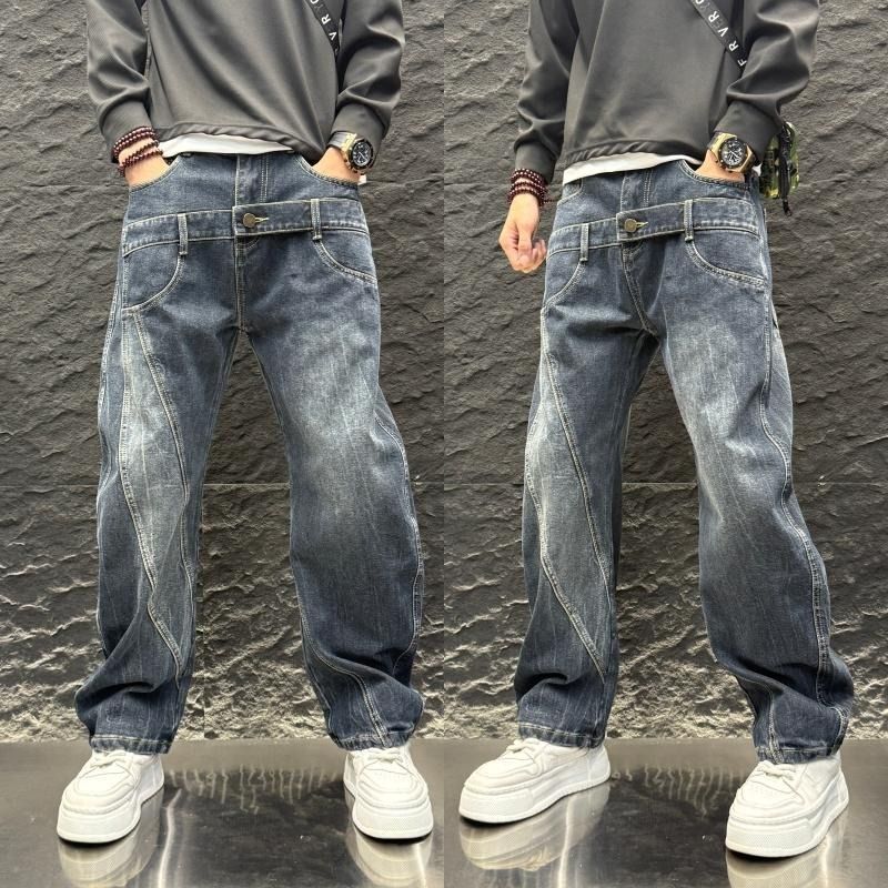 American retro heavy-duty patchwork tapered jeans for men, trendy high street design, loose straight casual long pants