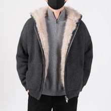 YINGAO冬季保暖卫衣开衫男士连帽加毛绒厚外套冬青年毛领针织外套