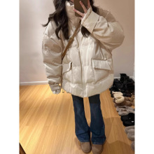 杏色PU皮立领面包服女冬季新款小香风宽松保暖服棉衣棉服外套