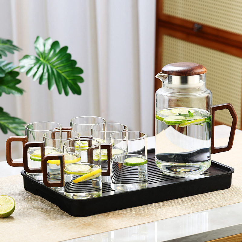 Botella de agua fría de vidrio, taza de agua, olla fría de madera de vidrio para el hogar, olla de té retro resistente al calor, taza de té, juego de agua image 17