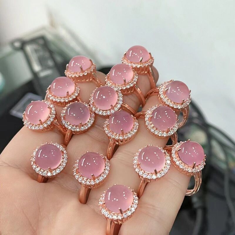 Rose Gold Inlaid High Ice Egg Surface Hibiscus Powder Chalcedony Ring Silver Plated Inlaid Adjustable Powder Agate Fashion Women's Ring