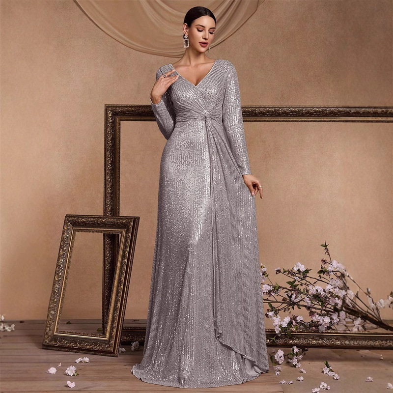 Cross-border New Sequin Long-sleeved V-neck Banquet Evening Dress European and American High-end Elegant Elegant Long Dress Annual Meeting Pai Dress