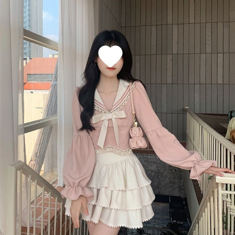 减龄学院风长袖甜美高腰短款上衣女蓬蓬裙半裙早秋新款|undefined