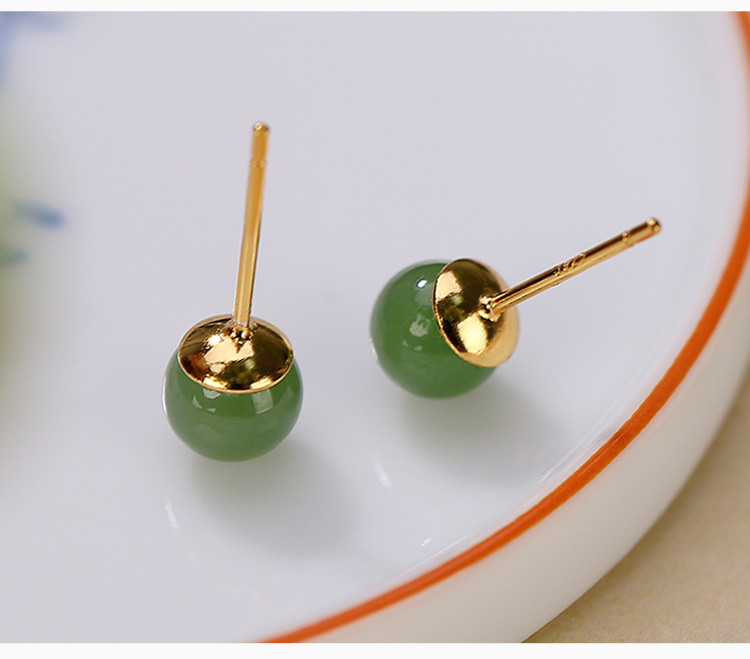Bông tai nữ bạc S925 mạ vàng đính đá jasper thiên nhiên hạt tròn — Mẫu mạ vàng 8mm (không có đốm đen) chi tiết 4