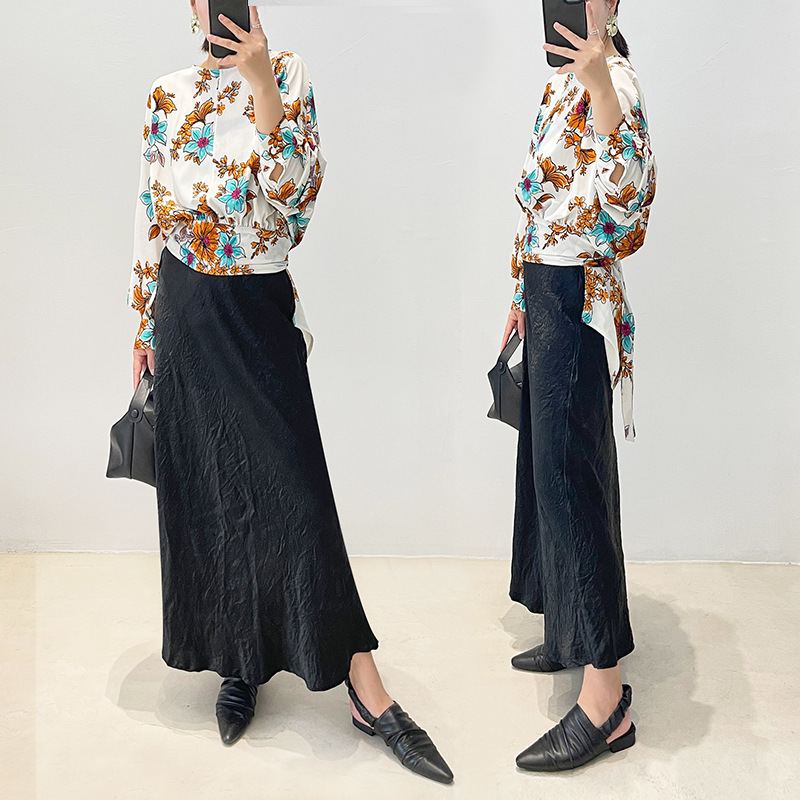 Summer Chinese Style Ink Painting Round Neck Pullover Shirt Imported Heavy Fabric Short Front Long Back Tie-Up Top for Women