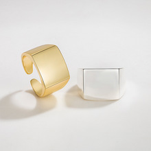日韩个性冷淡风格光面戒指s925银极简风潮人几何方型开口指环饰品