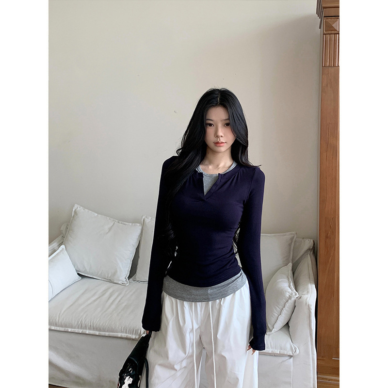 Moses Queen/魔西女王黑白撞色假两件打底V领长袖T恤修身百搭上衣|undefined