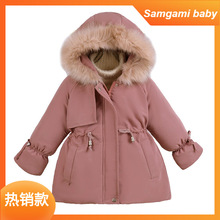 跨境冬裝新款韓版女童中長款派克服外套洋氣女童抽繩收腰加厚棉衣