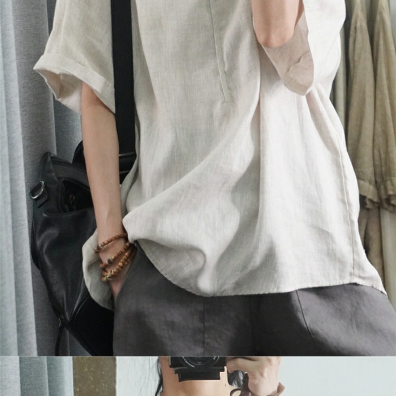Women's Clothing Summer Style Women's Casual Shirt Short Sleeve Loose Cotton Linen Top Plus Size Pink And Black_ecoleips.com
