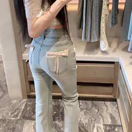 蝴蝶结蕾丝拼接微喇叭牛仔裤女小个子辣妹高腰直筒显瘦马蹄长裤潮