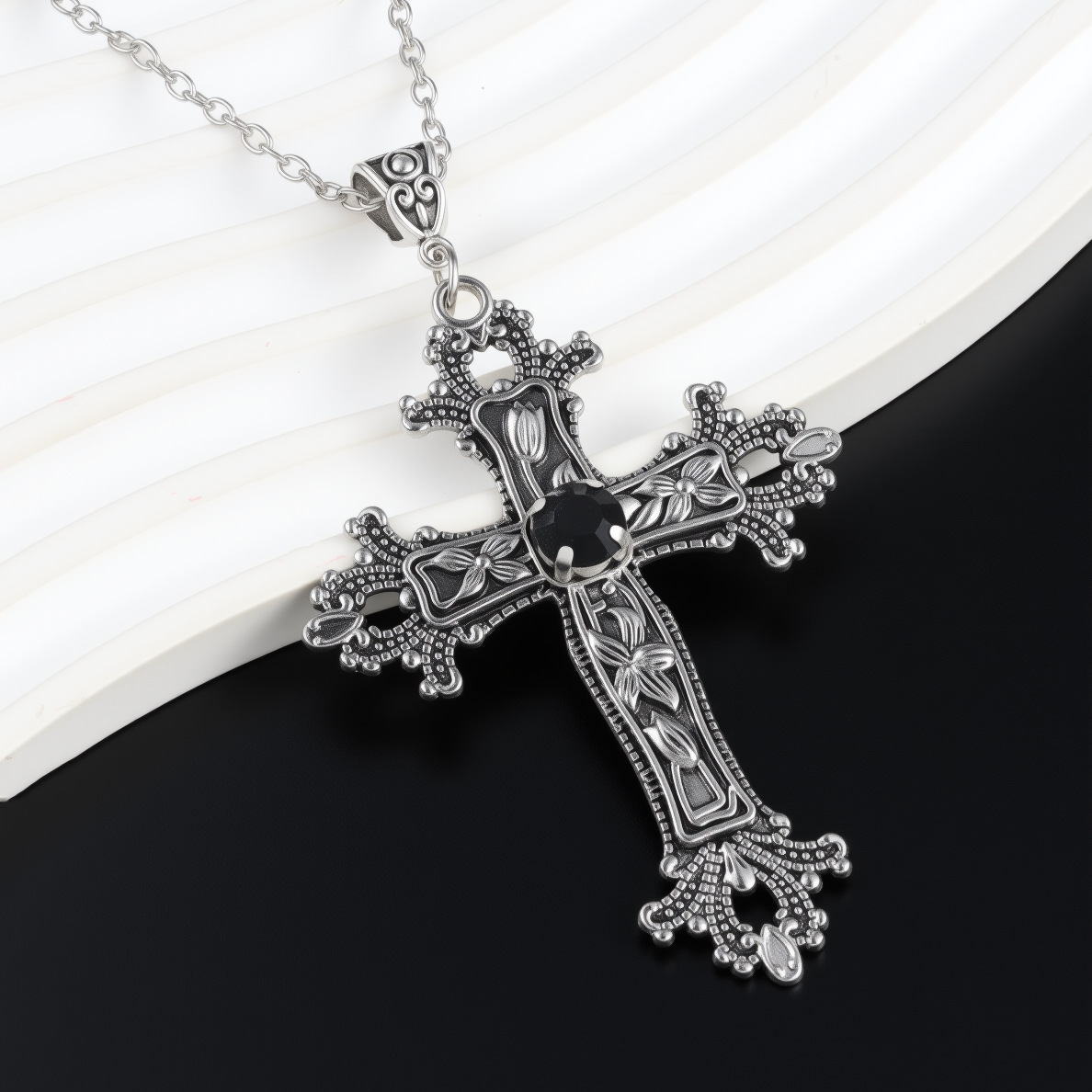 Patterned Cross Black Diamond Pendant Necklace