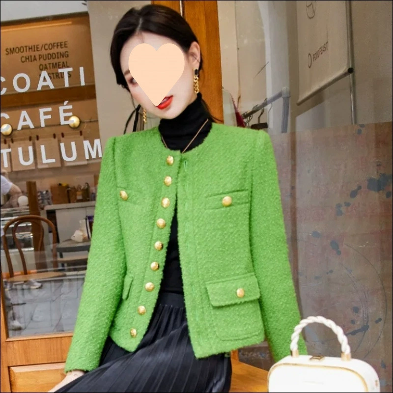 Французское короткое пальто, маленький ароматный стиль, универсальная верхняя одежда с высокой талией, зеленое короткое пальто для женщин, элитный, утягивающий и короткий стиль.