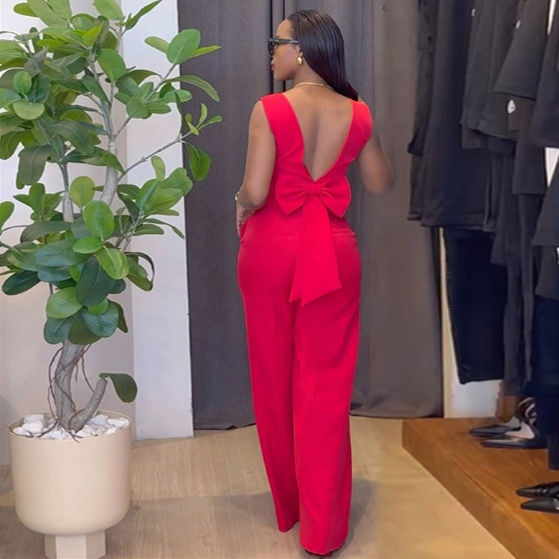 Women Clothing Spring Solid Color Backless Bow Top Wide Leg Trousers Casual Suit