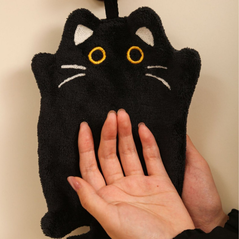 Cute black cat hanging hand towel, kitchen heat insulation pad, thickened, absorbent, non-shedding cleaning cloth, children's handkerchief Cute black cat hanging hand towel, kitchen heat insulation pad, thickened, absorbent, non-shedding cleaning cloth, children's handkerchief