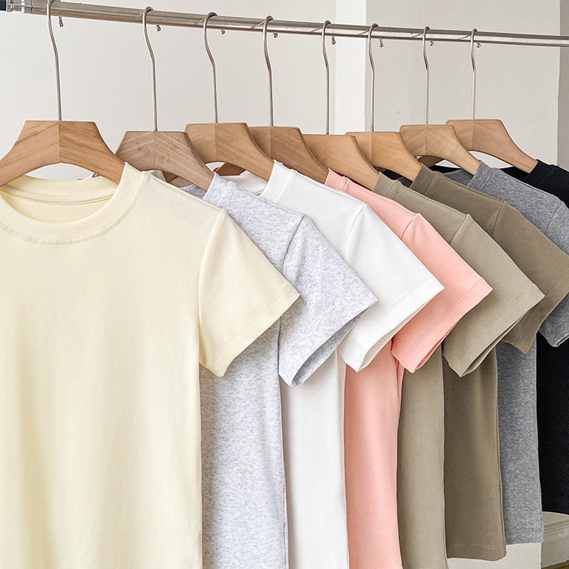 Solid Color Regular Shoulder Short-Sleeve T-Shirt for Women, Slim Fit, Cotton Round Neck ~ 2026 Summer Inner Wear Solid Color Base Shirt Top