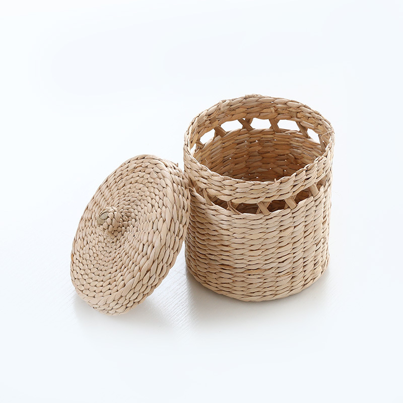 Artesanías de plantas tejidas a mano ronda sundries organizando cesta de almacenamiento estilo pastoral maquillaje paja tejida cesta de almacenamiento