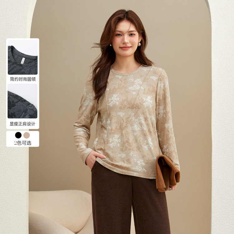 Fiber Show Large Size Women's Retro Jacquard Texture Simple Round Neck Fashionable and Ever-Match T-shirt Fat mm2024 New Winter Style