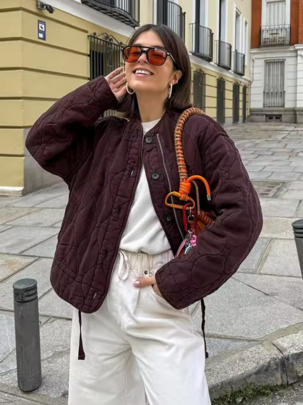 国境を越えた貿易婦人服 2025 冬ヨーロッパとアメリカンスタイルのラウンドネック長袖ルーズカジュアルコットンジャケット女性 A15068F|undefined