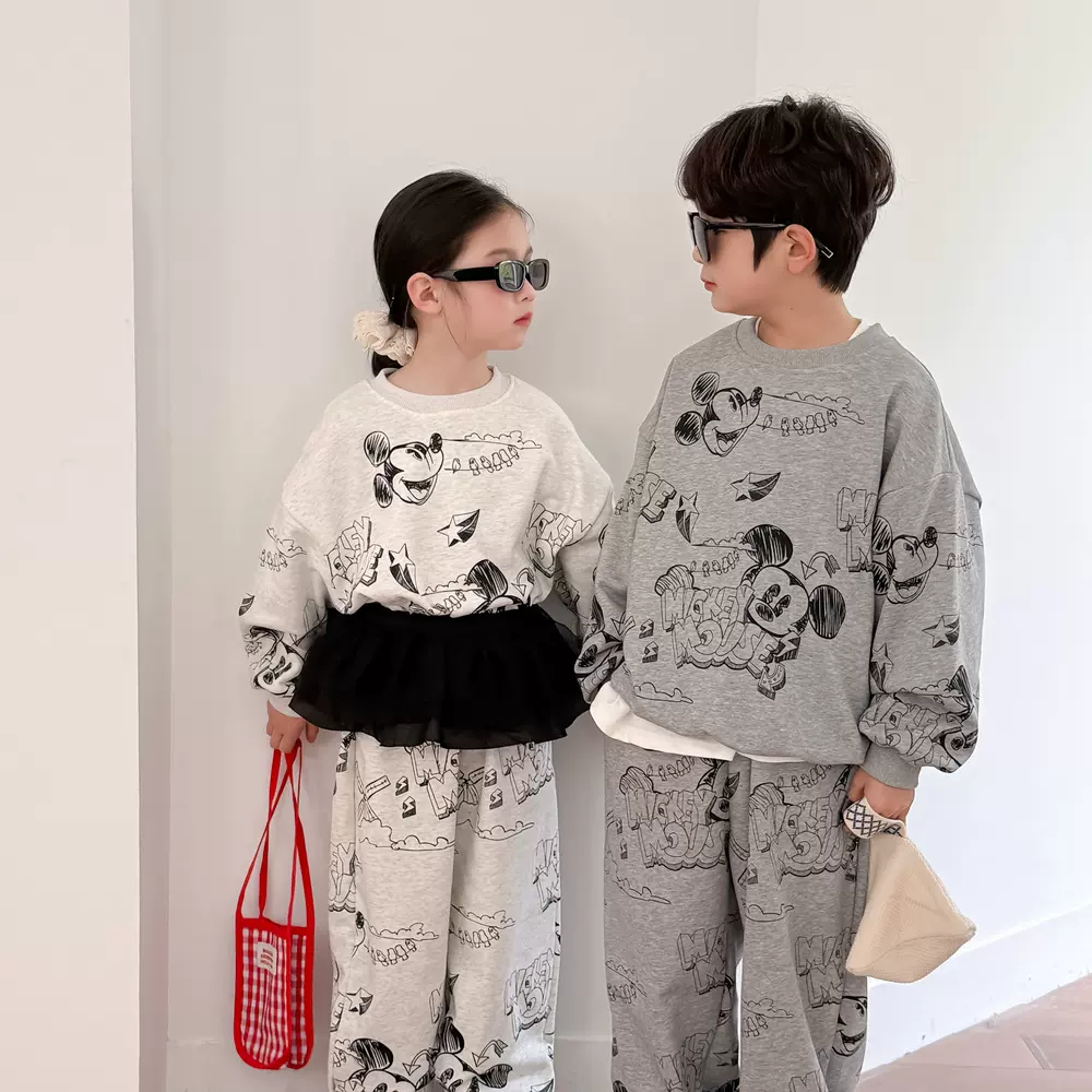 童套装2025春款男童女童韩版满版卡通印花卫衣套装儿童圆领两件套