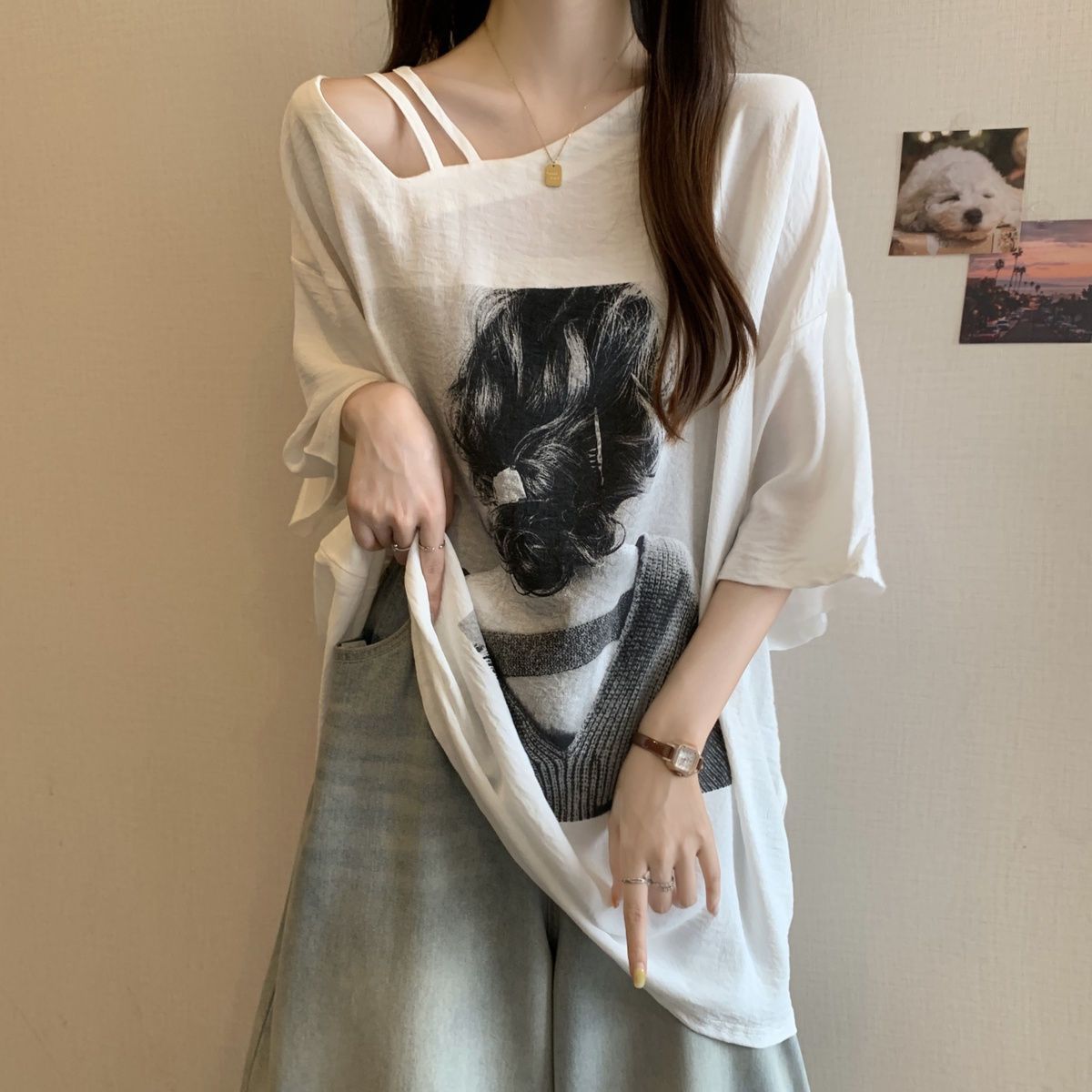 Camiseta de manga corta con diseño sin tirantes impreso de gran tamaño para mujer verano 2024 nuevo estilo suelto y delgado mm top femenino ins