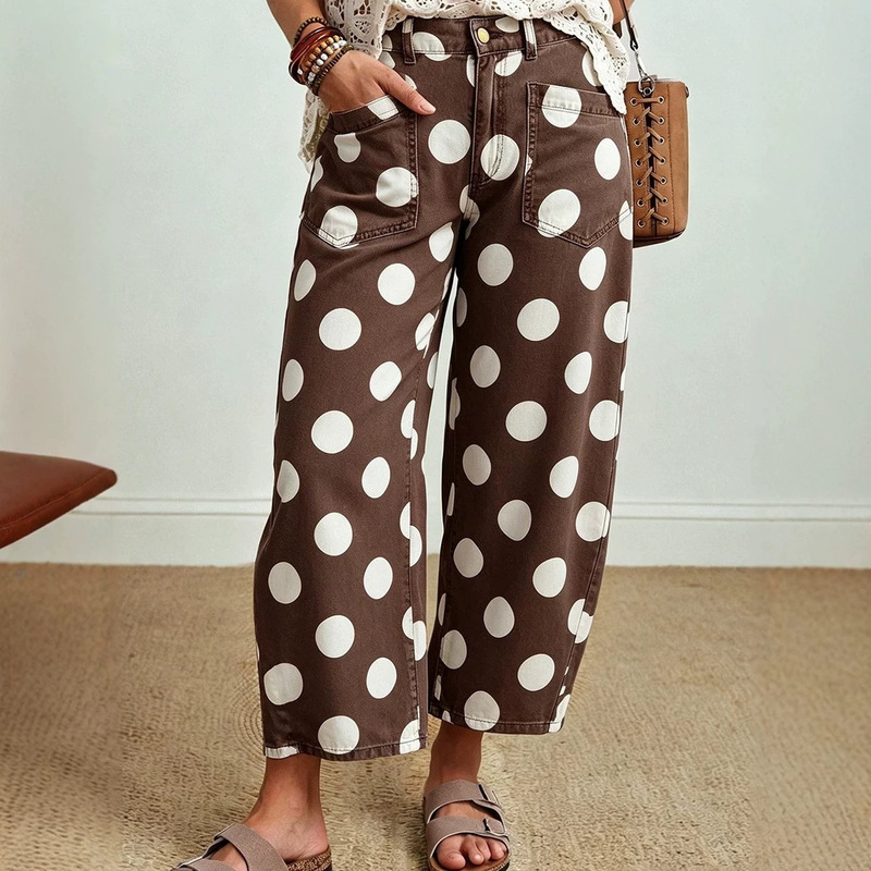 2026 Fall New Women's Straight-Leg Pants with Pockets, European and American Casual Style Polka Dot Print Ankle-Length Jeans for Women 2026 Fall New Women's Straight-Leg Pants with Pockets, European and American Casual Style Polka Dot Print Ankle-Length Jeans for Women