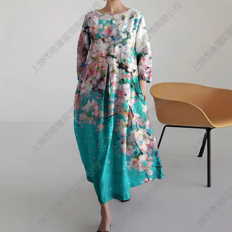 Foreign Trade Cross-Border 2024 Autumn and Winter New Amazon Women's Clothing 3D Digital Printing Long-Sleeved Loose Large Size Dress for Women