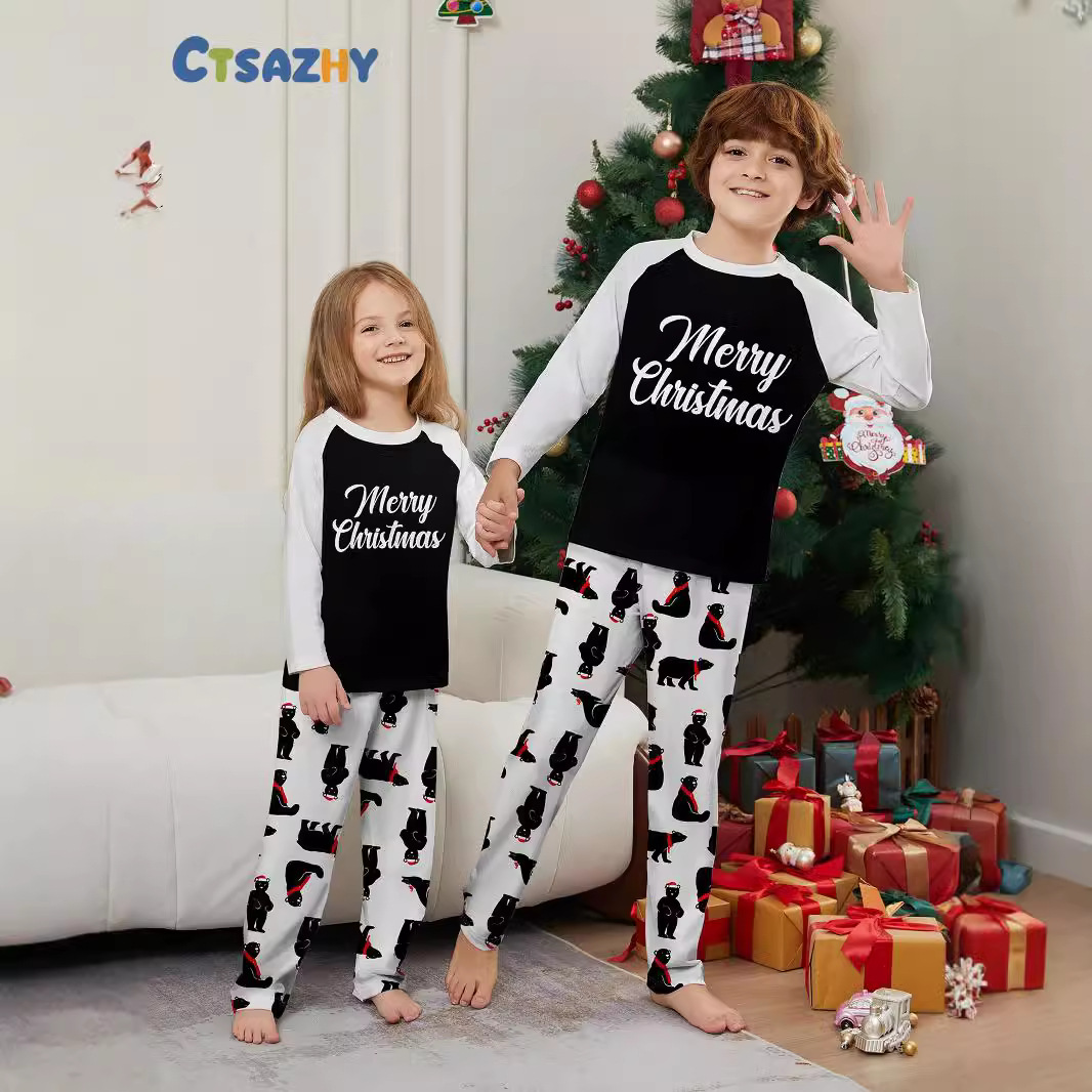Christmas Bear alphabet Christmas family suit printed home dress pajamas_viptrois.com