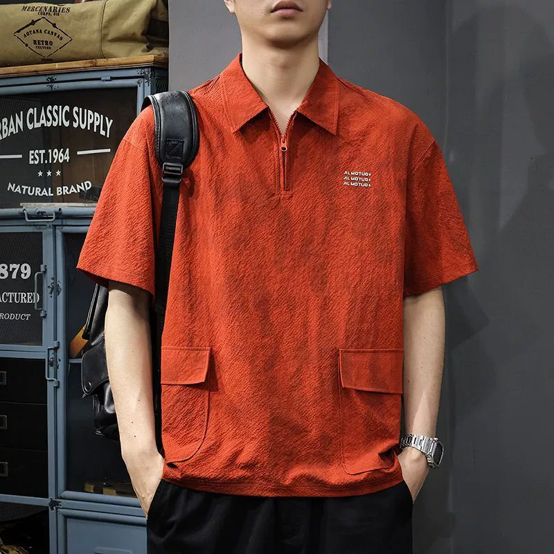 Лето 2025, новая быстросохнущая рубашка-поло из ледяного шелка с короткими рукавами, мужская свободная красивая рабочая рубашка большого размера, тонкая футболка