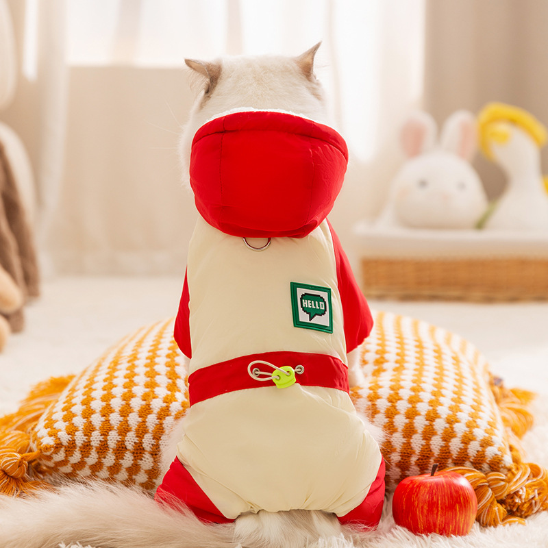 Gatos otoño y invierno caliente y grueso color contrastante empalme cuerda de dibujo de cuatro patas carga ropa de algodón perro Teddy ropa de mascota gato