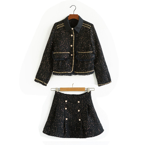 Children's and girls' new autumn and winter 2024 fashionable Korean princess skirt black small fragrant style jacket half skirt two-piece set