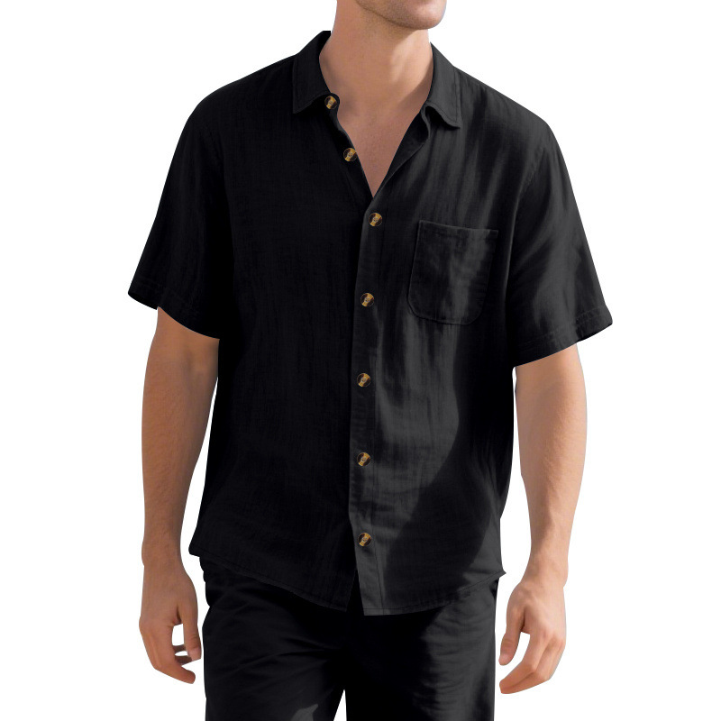Transfronterizos Amazon hombre verano sólido con lazo de cuello corto Cardigan de manga corta camisa de vacaciones Casual comercio exterior hombre