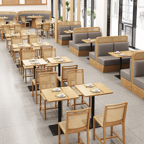 Theme restaurant rattan solid wood deck dessert shop sofa table and chair combination commercial cafe milk tea shop dining table and chairs