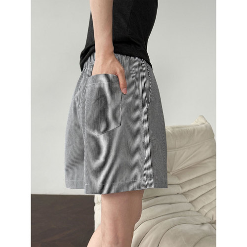Lushi Korean Style Simple Retro Vertical Striped Casual Hot Pants Women's Summer New High Waist Slimming A-Word Shorts 1909 