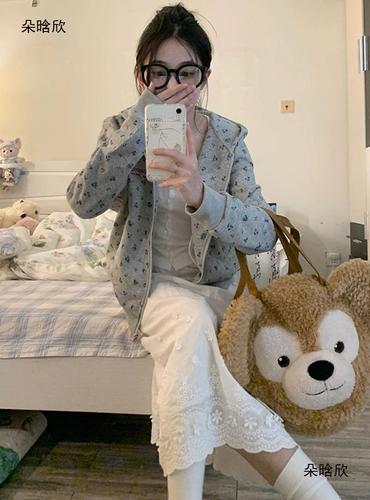 Women's American Retro Floral Hooded Sweatshirt Coat Spring and Autumn Casual Loose Design Fashion Versatile Cardigan