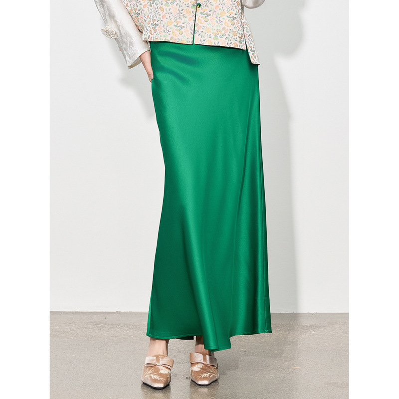 【Zhihetao】Versatile Glossy Asymmetrical Mermaid Skirt Vintage Draped High Waist Pencil A-Line Long Skirt 668