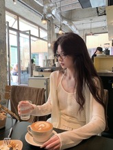 纯欲风挂脖吊带背心长袖防晒针织开衫长裤女夏季新款韩系时尚套装