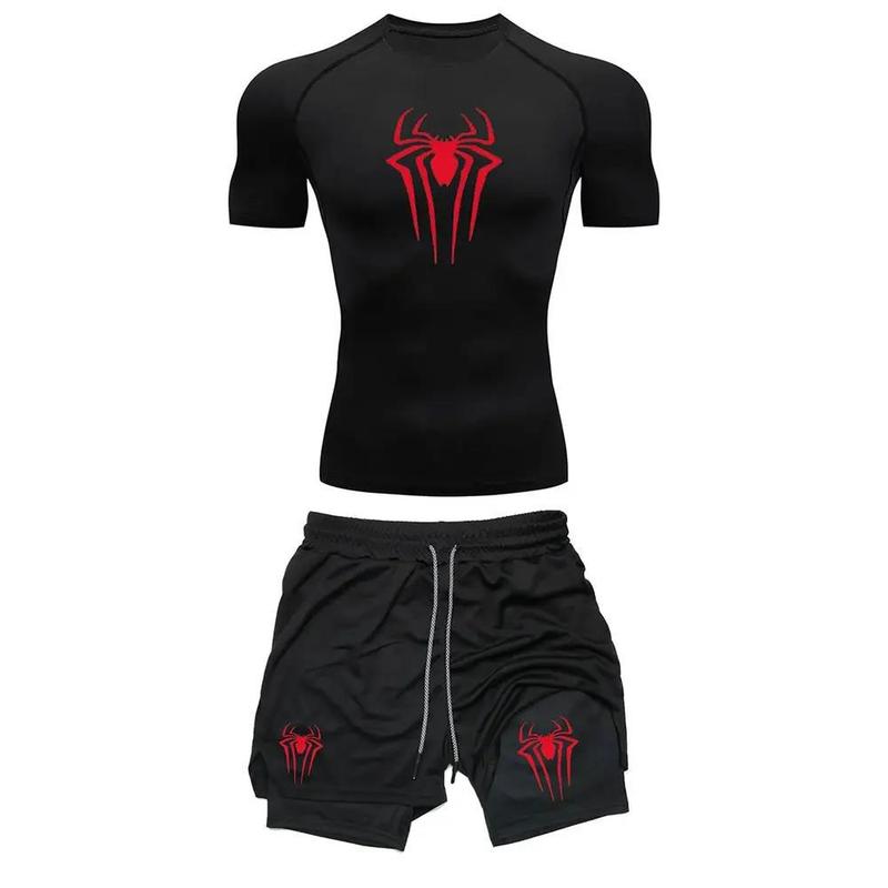 Men's Workout Compression Set Y2K Spider Print Gym T-Shirt Breathable Running Shorts Quick-Drying Sports Leather