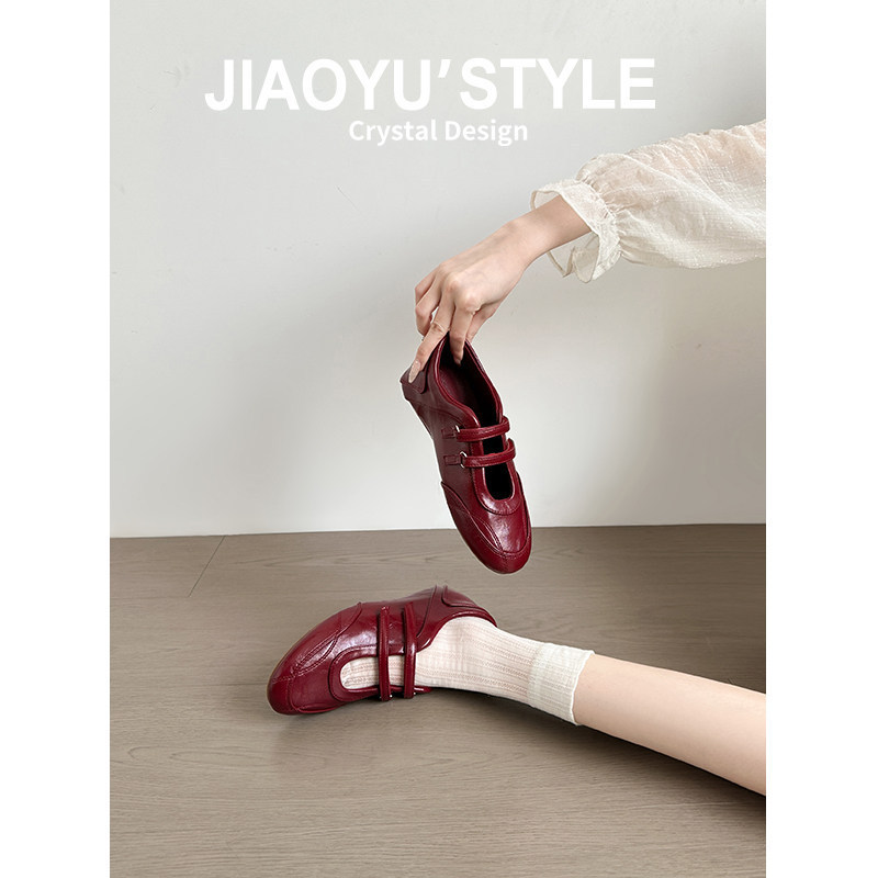 Genuine Leather~Jiaoyu Retro Red Sports Mary Jane Shoes for Women, Shallow Mouth, Velcro Casual Flats, Ballet-Style Trainers