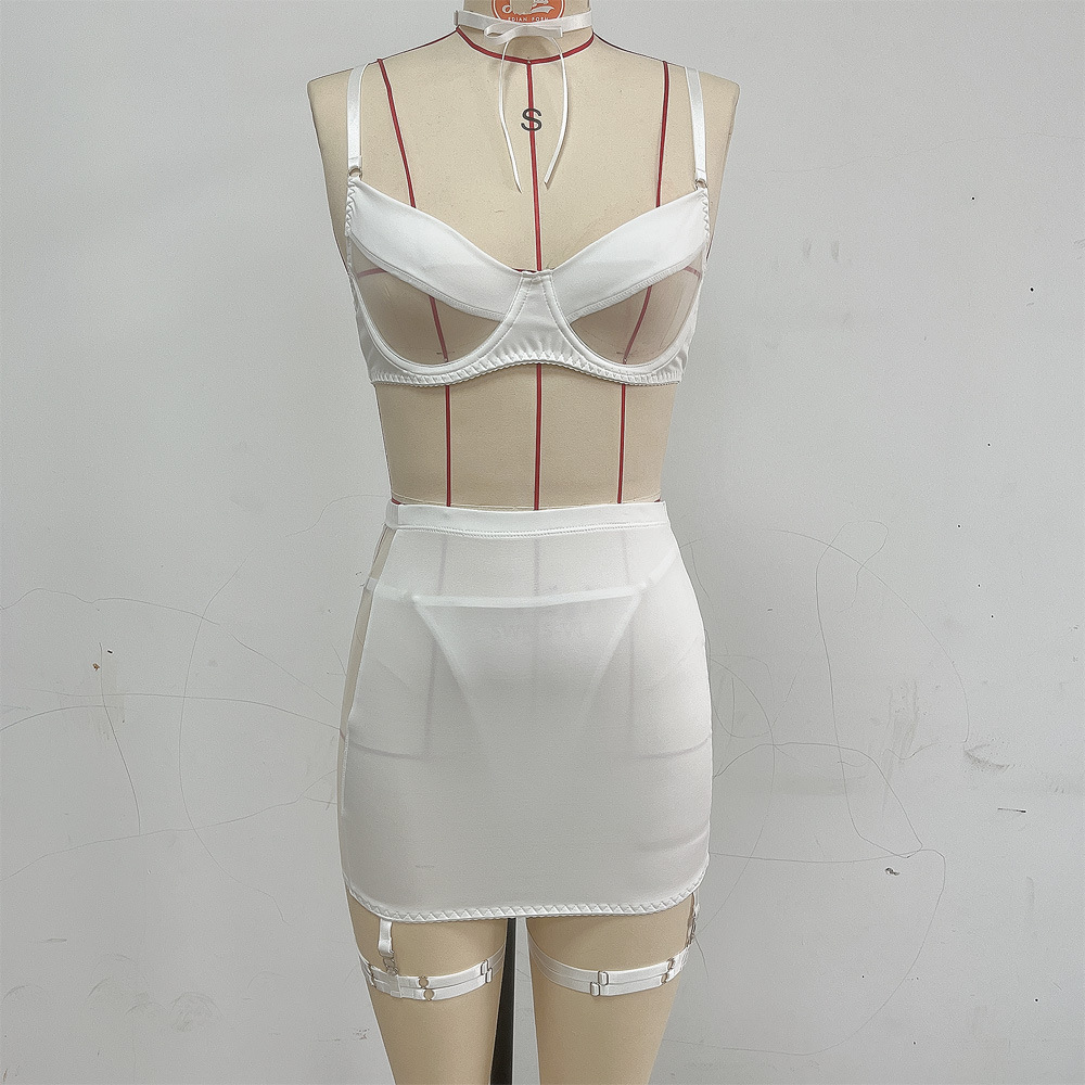 2023 New Mesh Women's Bra Set Solid Color Sexy Apron and Underwear_voghion.com