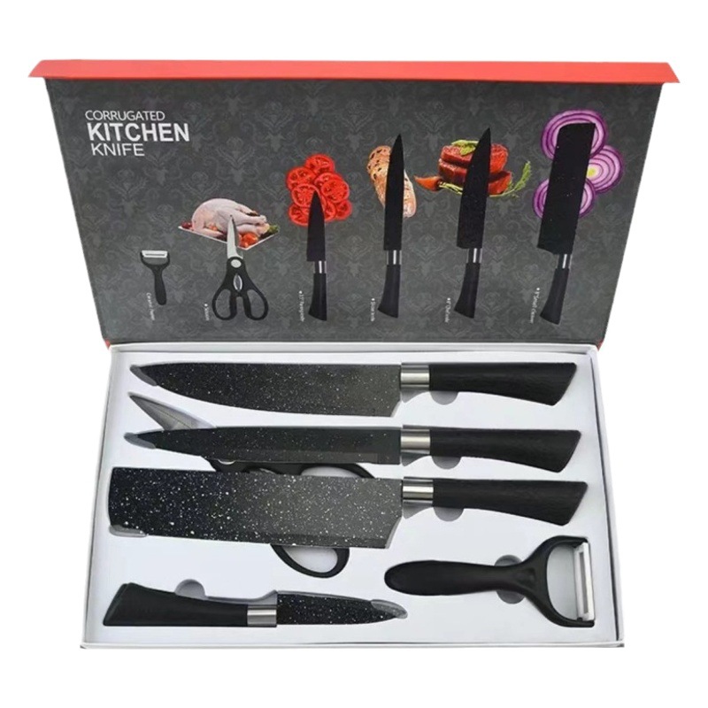 Comercio exterior en stock pintura en aerosol herradura manejar cielo estrellado tinta arroz piedra patrón seis piezas traje de acero inoxidable cuchillos de cocina del hogar traje