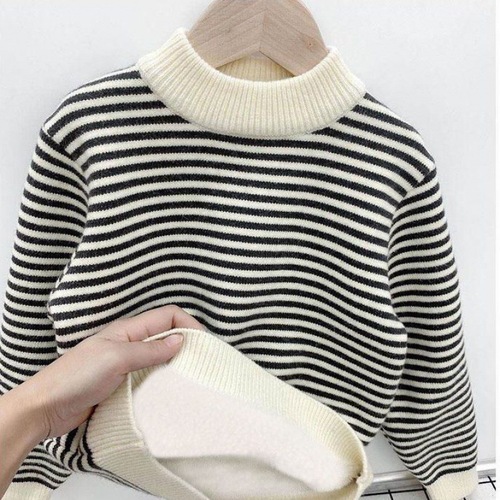 Sweater for boys, hooded, with extra padding, suitable for autumn and winter, for older children, stylish boy's children's one-piece plush striped knit base shirt