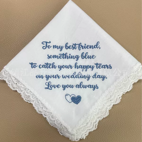 Bridal Embroidered Handkerchief with Blue Embroidered Lace, Pure Cotton Wedding Handkerchief, Supports Customization of Name, Date, and Floral Design