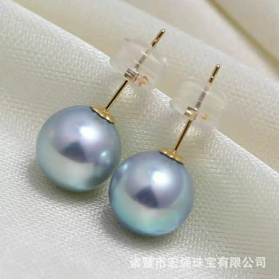 7-9mm日本海水珍珠Akoya耳环S925银灰蓝色真多麻耳饰海水珍珠耳钉