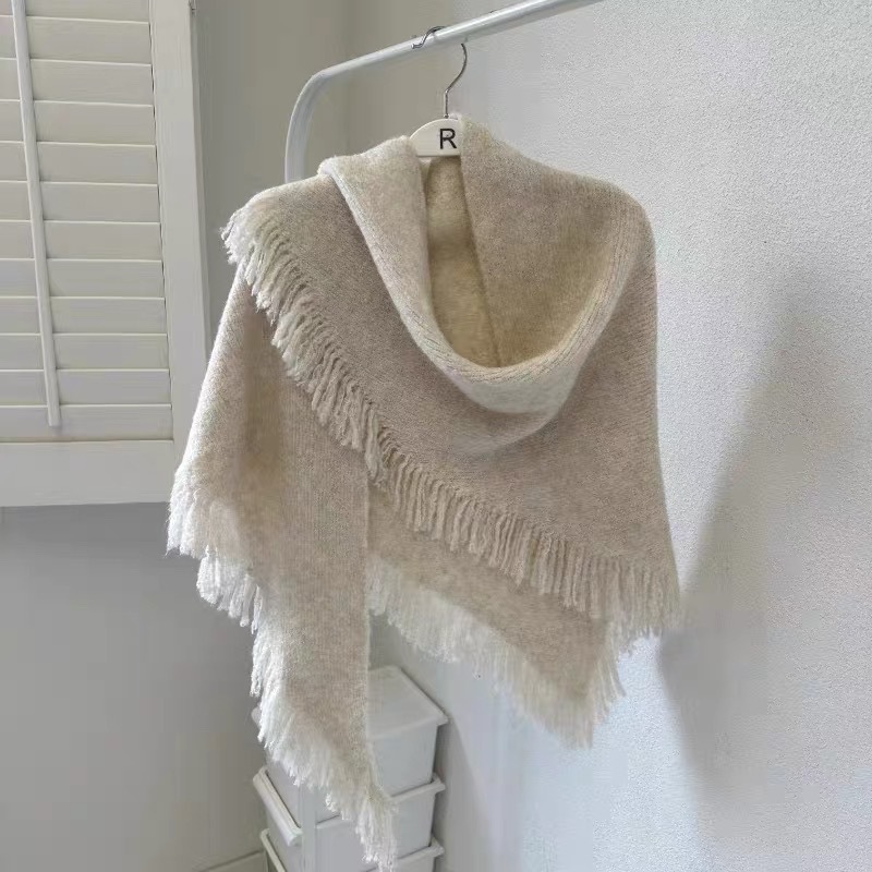 Neuer, hochwertiger koreanischer, vielseitiger, dicker, warmer Dreiecksstrick-Wollschal mit Quasten für Herbst und Winter_voghion.com