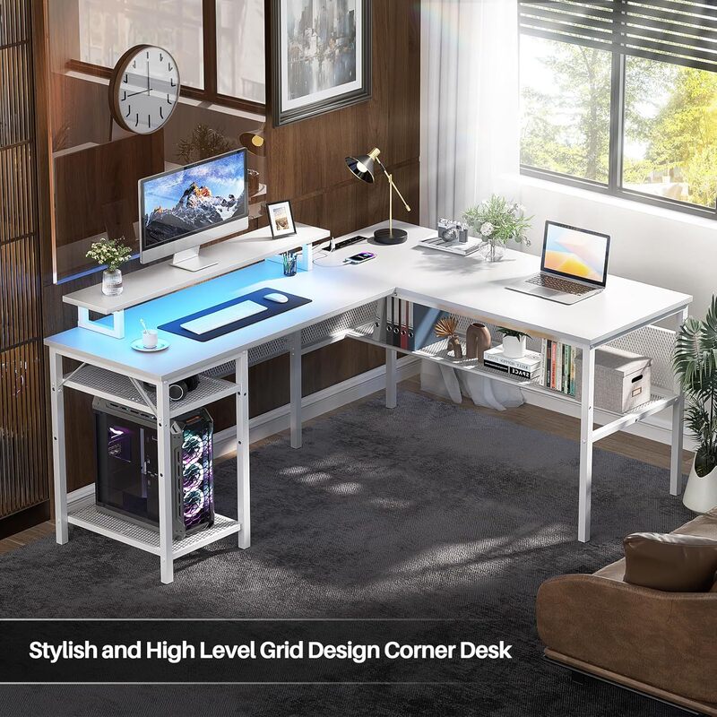 L-shaped desk computer desk reversible interchangeable with socket LED lamp with sturdy and durable display bracket
