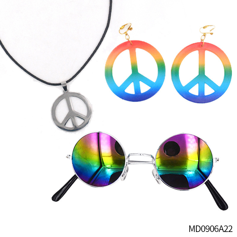 Accesorios de vestir hippies de la década de 1960, diadema de girasol, gafas redondas, conjunto de aretes de collar de talismán de paz