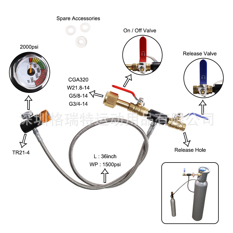 CGA320和W21.8红蓝双阀sodastream充气阀TR21-4螺纹60L大转小气瓶