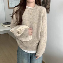 秋冬新款圆领长袖套头毛衣女慵懒风宽松韩版复古针织衫内搭上衣女