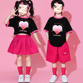 儿童夏季演出服套装2025新款男女童可爱舞蹈服T恤裙子短裤两件套